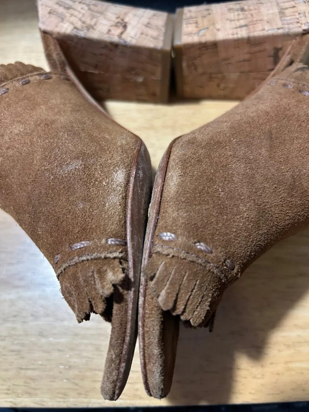 Womens Tory Burch Huntington Brown Fringed Suede Cork Block Heeled Sandals 7.5